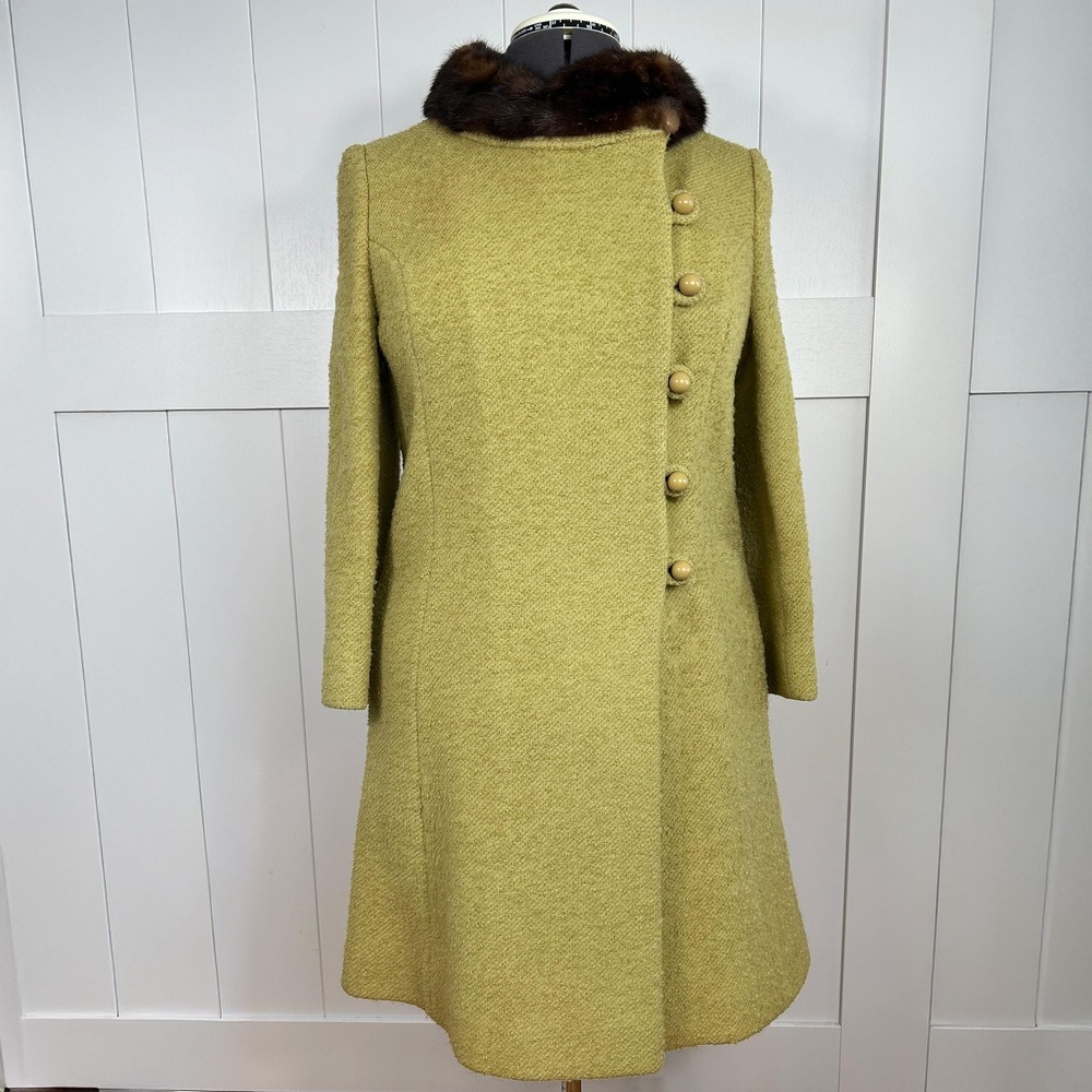 Vintage 1960s Mod Wool Swing Coat, Mink Collar, Asymmetrical, Size 6–8